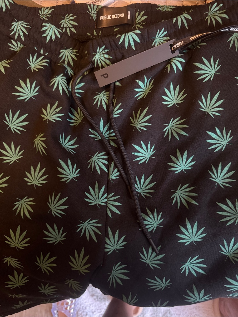 Public Record Black Sweat Shorts with Green Leaf Print